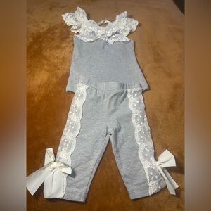 Mae Li Rose Gray Lace Trim Outfit with Bows 18/24 months